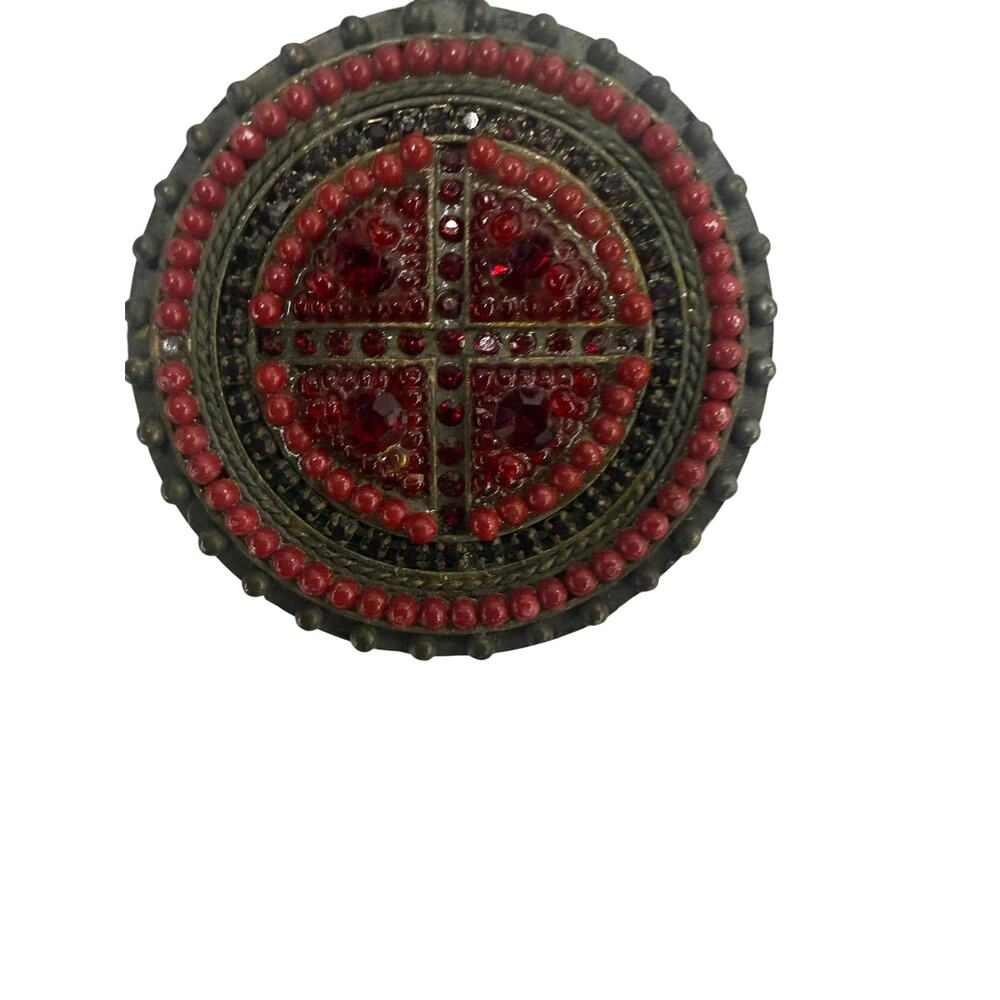 Vintage Red Rhinestone Medallion Pendant Necklace Tribal Boho Dark Metal